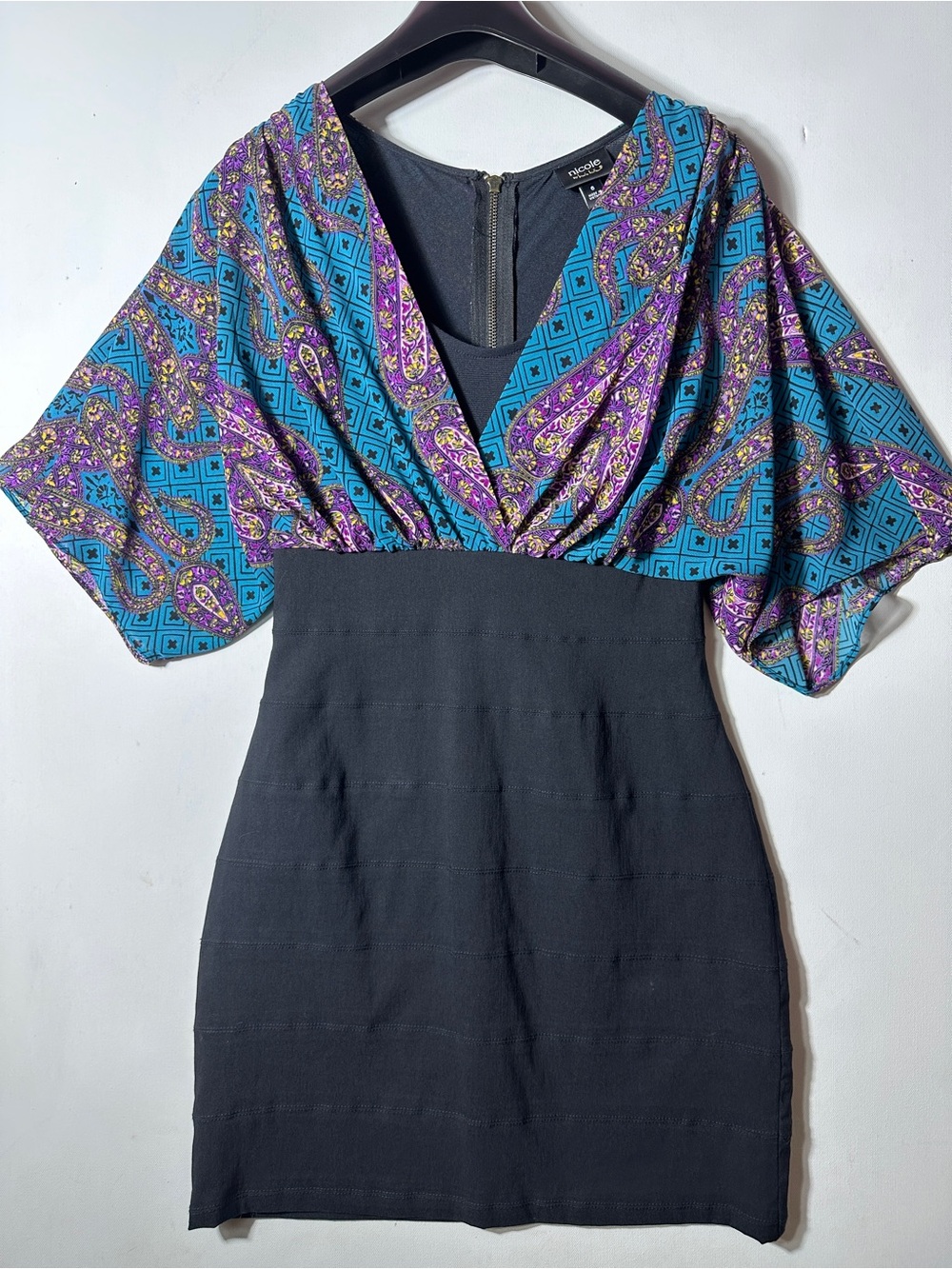 Vintage Nicole Miller Teal and Purple Paisley V-Neck Dress
